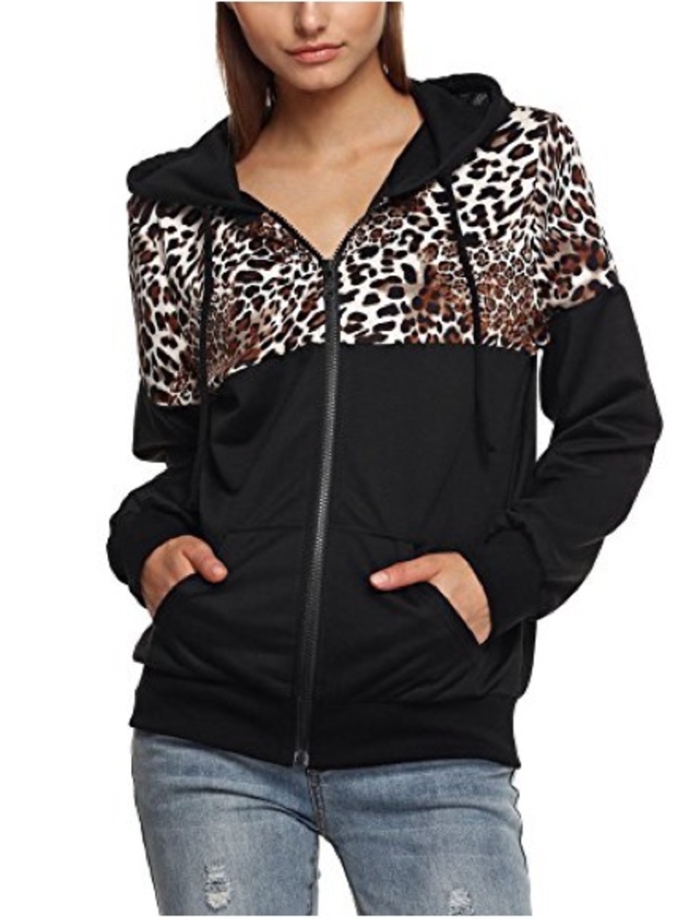 Women’s Black Zip-Up Hoodie with Leopard Print Accent